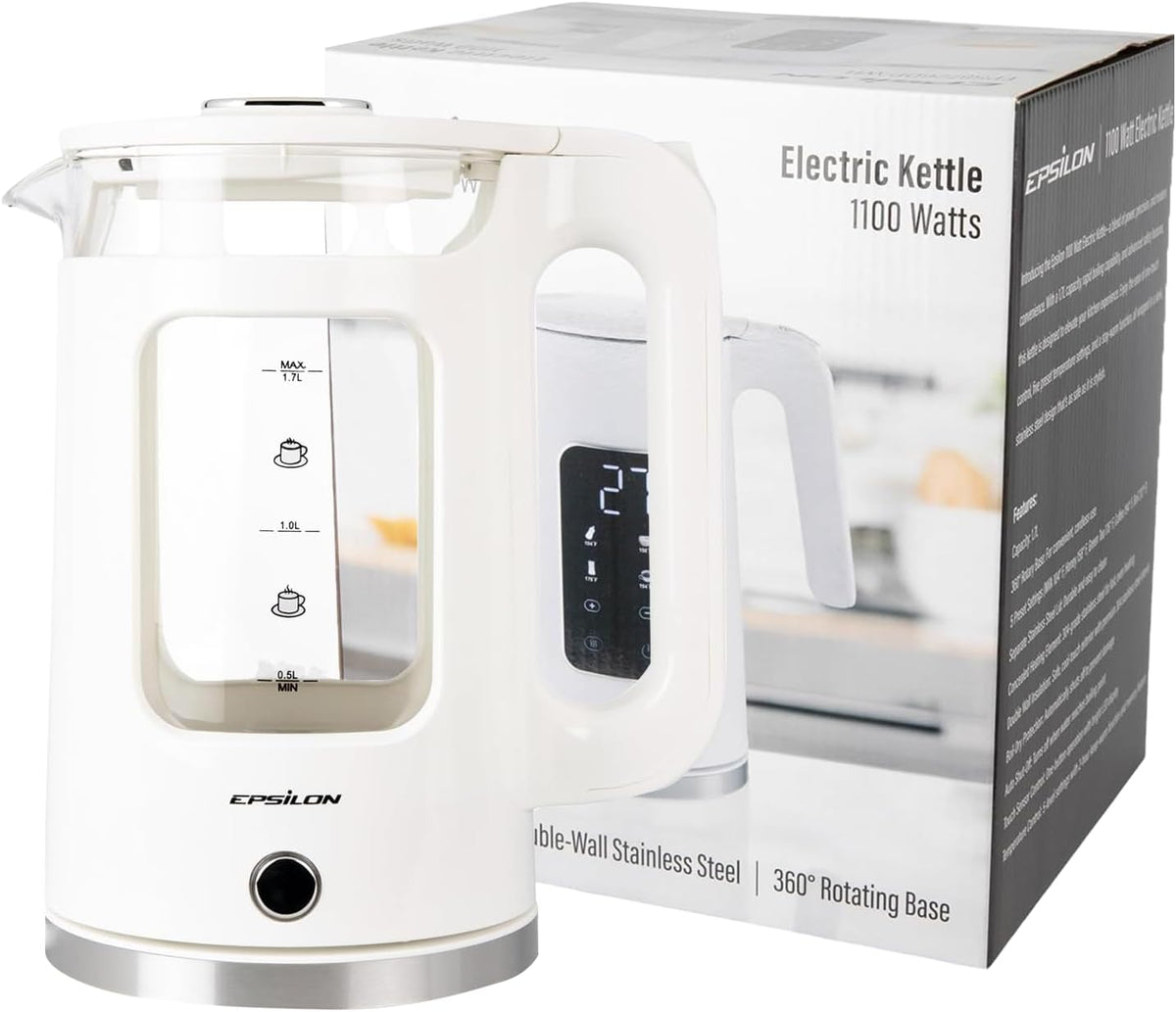 Epsilon 1.7L Glass Electric Kettle – Hot Water Tea Kettle with LED Light, Stainless Steel & Borosilicate Glass, Auto Shut-Off