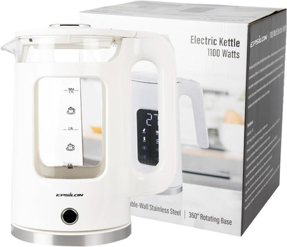 Epsilon 1.7L Glass Electric Kettle – Hot Water Tea Kettle with LED Light, Stainless Steel & Borosilicate Glass, Auto Shut-Off