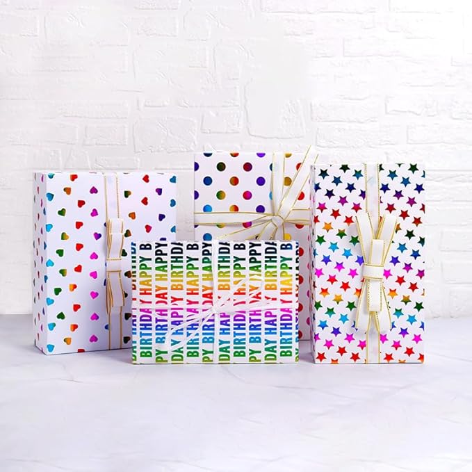 Birthday Wrapping Paper Iridescent Gift Wrapping Paper Mini Roll Baby Girl Shower Wrapping Paper, 3 Rolls Happy Birthday Polka Dots Stripes Printed Assortment - 17 inch x 120 inch(10feet) Per Roll