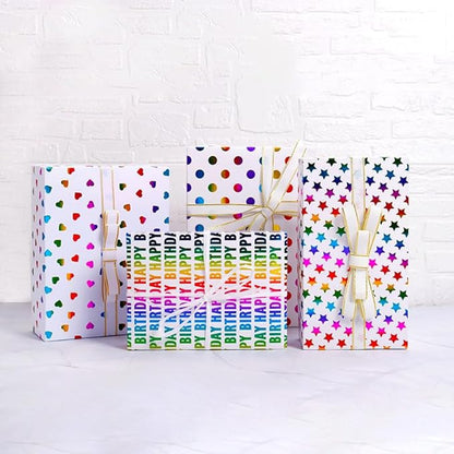 Birthday Wrapping Paper Iridescent Gift Wrapping Paper Mini Roll Baby Girl Shower Wrapping Paper, 3 Rolls Happy Birthday Polka Dots Stripes Printed Assortment - 17 inch x 120 inch(10feet) Per Roll