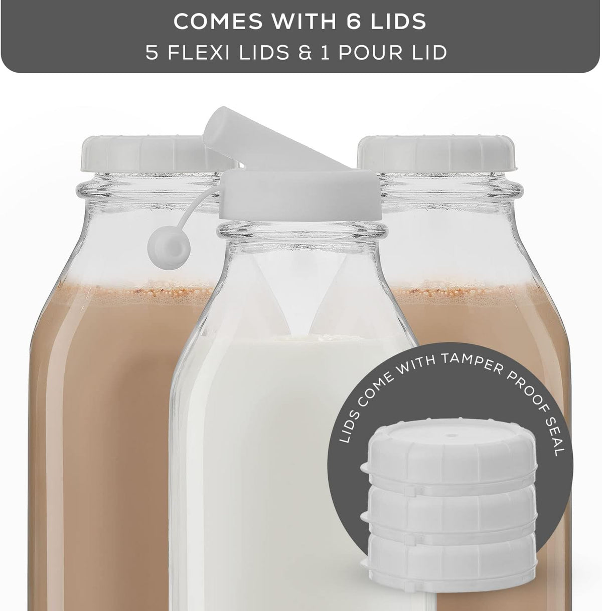 JoyJolt Glass Milk Bottles with Lids and Pourer – 32 Oz, 3 Pack Airtight Heavy Duty Reusable Glass Bottles, Leakproof, BPA-Free, Food Grade
