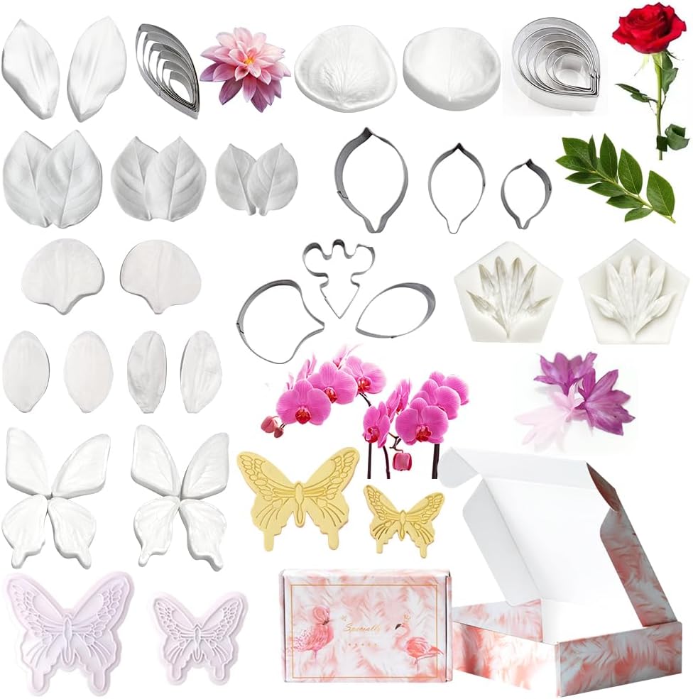AK ART Kitchenware Silicone Veiner Stainless Steel Fondant Cutter Set for Gum Paste Flower Leaf Sugar Craft Tools Cake Decorating Supplies Silicone