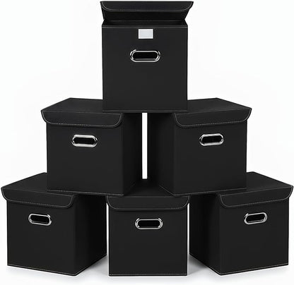 Closet Organizers Fabric Storage Bins With Lids Collapsible Cube Storage Organizer Basket With Handles,Storage Boxes for Clothes Storage,Office,Laundry,Shelves,6 Pack,（Black