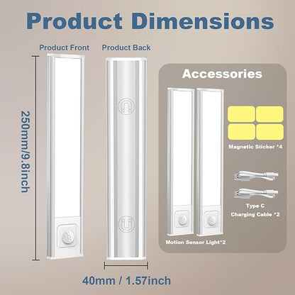 Onforu 9.8" Under Cabinet Lighting, 2000mAh USB-C Rechargeable, Motion Sensor Under Cabinet Lights with 3 Color & Dimmable, Magnetic Under Counter Lights for Kitchen, Closet, 2 Pack