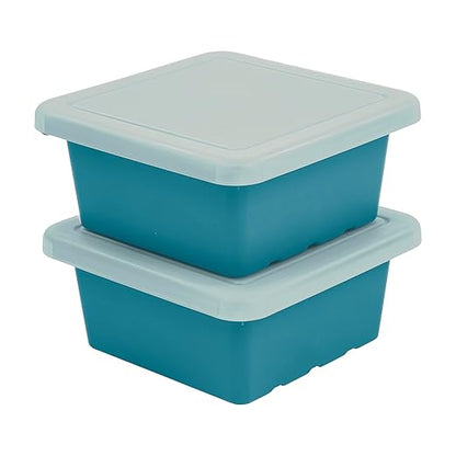 ECR4Kids Stackable Square Bins with Non-Snap Lids, Multipurpose Organization, Turquoise, 2-Pack