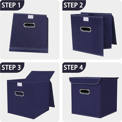 Closet Organizers Fabric Storage Bins With Lids Collapsible Cube Storages Organizer Basket With Handles,Storage Boxes for Clothes Storage,Office,Toys,3 Pack,（Navy Blue