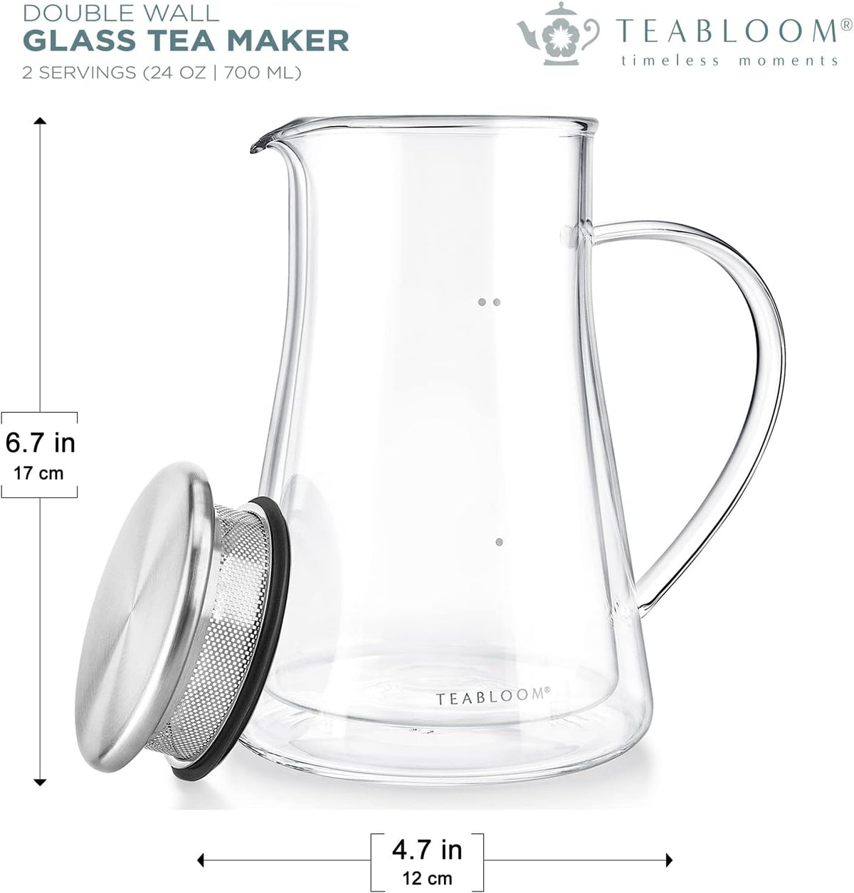 Teabloom Insulated Teapot Keeps Tea Hot – Tea Maker For Two (24 oz) – Double Wall Heatproof Glass Tea Steeper with Stainless Steel Filter Lid for
