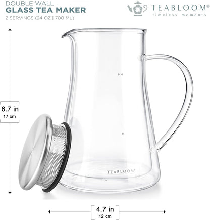 Teabloom Insulated Teapot Keeps Tea Hot – Tea Maker For Two (24 oz) – Double Wall Heatproof Glass Tea Steeper with Stainless Steel Filter Lid for
