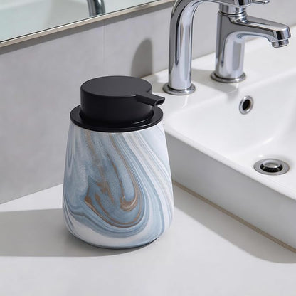 12Oz Foaming Hand Soap Dispenser - Ceramic Bathroom Foam Soap Dispenser with Easy-to-Press Black Pump, Refillable Lotion Hand Dispenser, Dish Soap Dispensers for Kitchen, Marble Blue