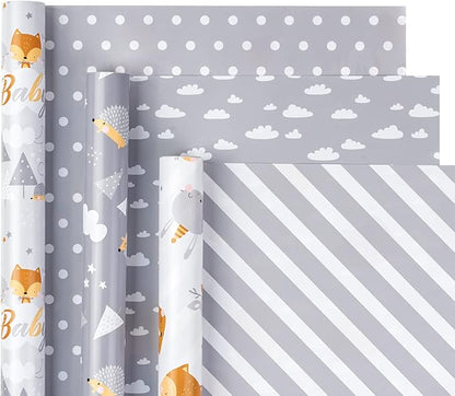 WRAPAHOLIC Reversible Baby Shower Wrapping Paper Roll - Mini Roll - 3 Rolls - 17 Inch x 120 Inch Per Roll - Cute Hedgehog, Animals & Baby Lettering Design for Neutral Baby Shower