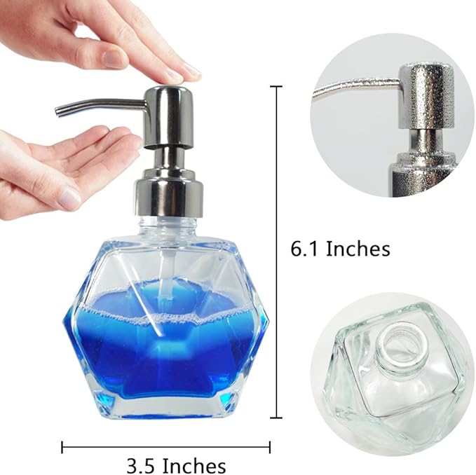 Modern Geometric Shape Clear Glass Soap Dispenser, Lotion Dispenser Bottle with Rust Proof Stainless Steel Pump for Kitchen, Bathroom Accessory, Countertop, Great for Soap, Lotions and Body Oil.