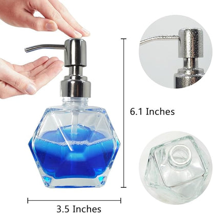 Modern Geometric Shape Clear Glass Soap Dispenser, Lotion Dispenser Bottle with Rust Proof Stainless Steel Pump for Kitchen, Bathroom Accessory, Countertop, Great for Soap, Lotions and Body Oil.