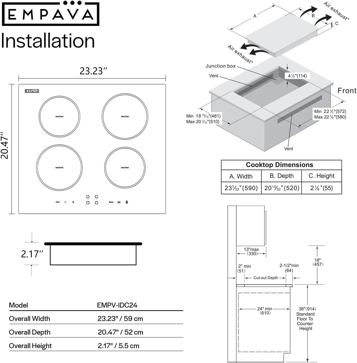 Empava 24 Inch Electric Induction Cooktop 4 Burner Built-in Smooth Glass Stove Top with Power Boost, Touch Control, Timer, Child Lock, Residual Heat Indicator, Hardwired