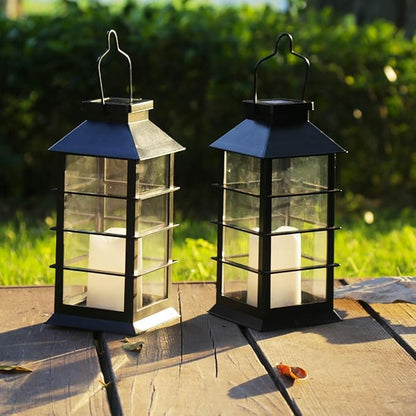 2 Pack Outdoor Garden Hanging Lanterns with Waterproof LED Flickering Flameless Candle Solar Powered Lights Yard Decor Outdoor Decorative for Pathway Courtyard Party Patio Christmas (Black)