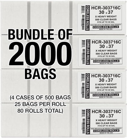 Aluf Plastics High Density Trash Bags, 30 Gallon, 2000 Count, 16 Micron (eq), 30" x 37", Clear, for Bathroom, Office, Industrial, Commercial, Janitorial, Municipal, Recycling
