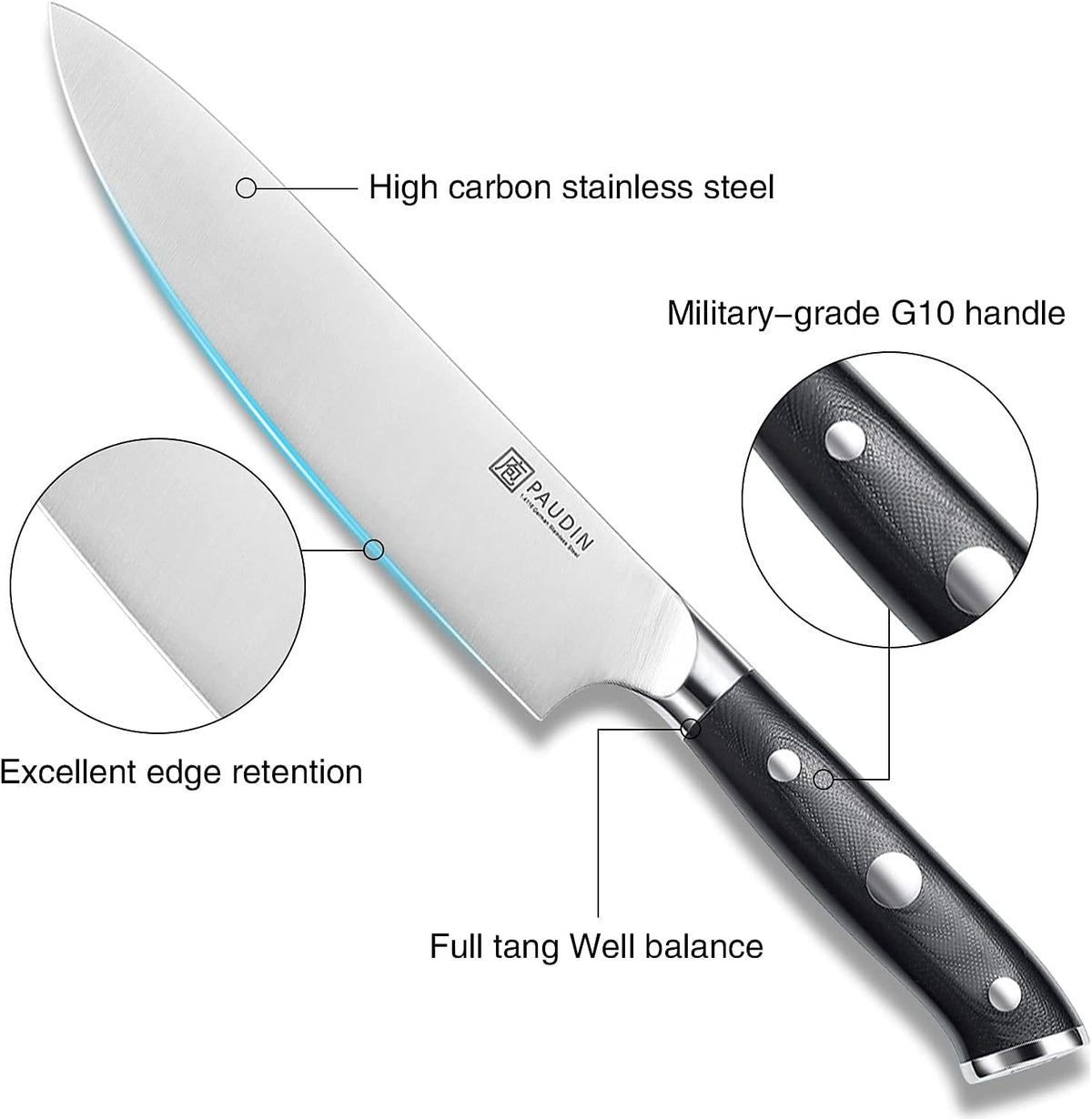 Paudin Chef Knife 8 Inch, Professional Kitchen Knife, 7Cr17MoV German Stainless Steel Forged Chefs Knives with Ergonomic G10 Handle