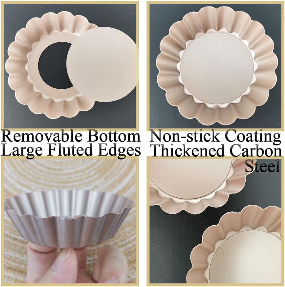 DATANYA Mini Tart Pans Removable Bottom 3 Inch, Carbon Steel Nonstick Quiche Pan Pie Tart Tin Mold, 0.8inches High for Baking Tartlets, Pies, Cakes, Cupcakes - Premium Champagne Gold 12PCS