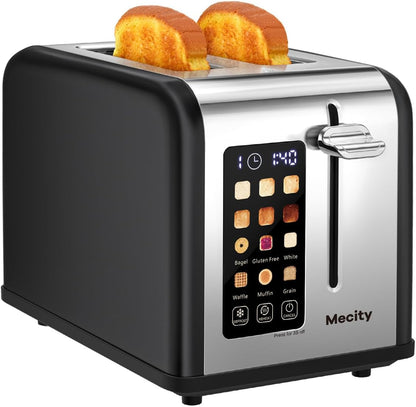 Mecity 2 Slice Touch Screen Toaster, 1.5" Wide Slot, Stainless Steel Smart Toaster for Bagels, Muffins, Waffles, Gluten-Free Breads, Defrost, Reheat, Timer, 120V 825W, Matt Black