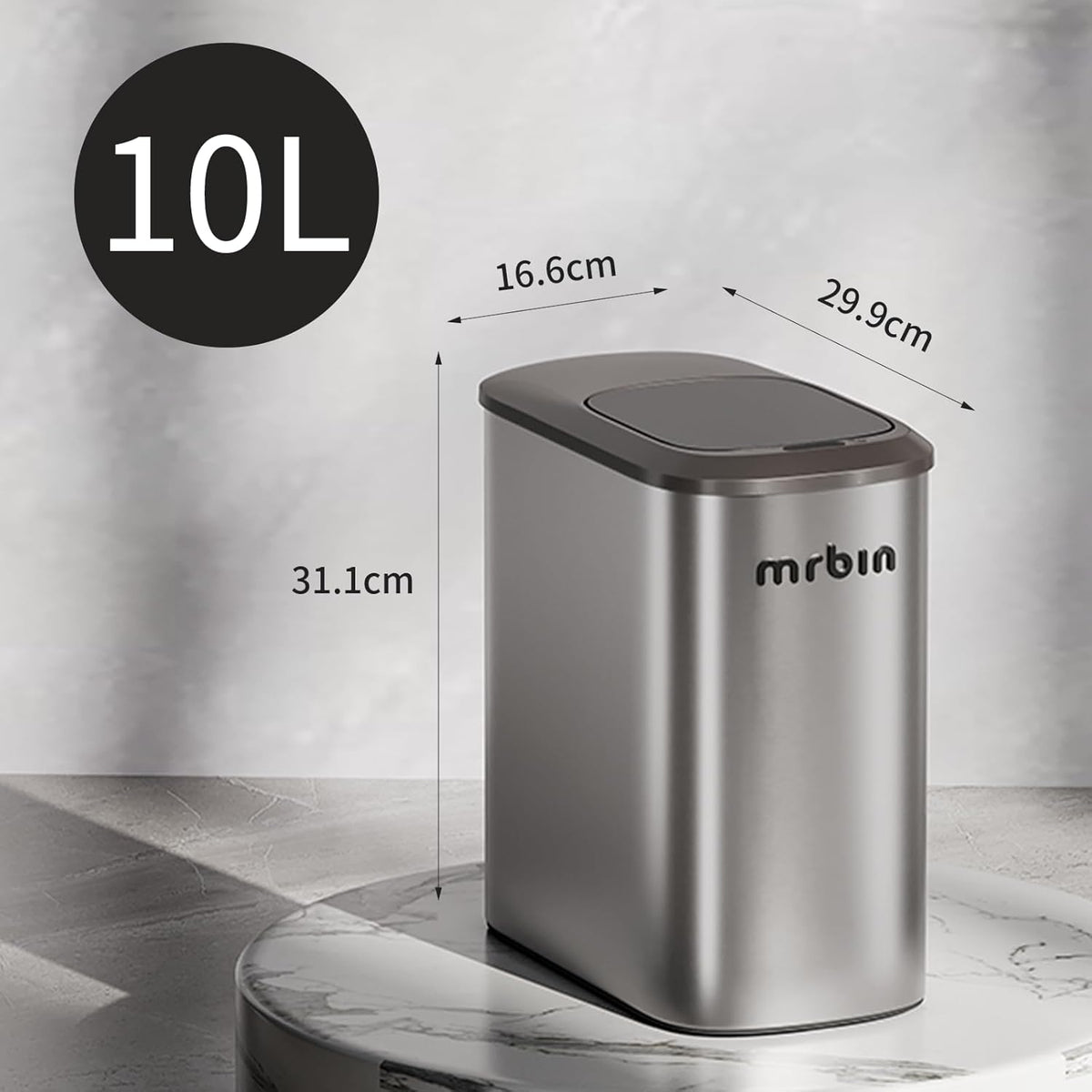 MRBIN Stainless Steel Motion Sensor Bathroom Trash Can, 10L / 2.6gal Slim Smart Toilet Waste Basket with Lid, Automatic Touchless Kitchen Bucket for Narrow Restroom, Vanity, Rv, Eclipse Grey