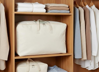 DoYiKe Soft Canvas Clothes Storage Bags with Four Carrying Handles and Clear Window, Closet Organizer for Clothing, Blankets Sheets and Bedding, 55L, Beige