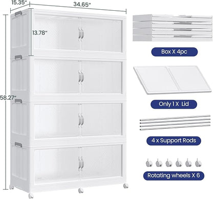 240GAL Plastic Storage Bins with Lid, 960QT Extra Large Stackable Closet Organizers and Storage, Collapsible Storage Boxes with Wheels, Folding Cabinet for Home Kitchen Office, 4Pack White