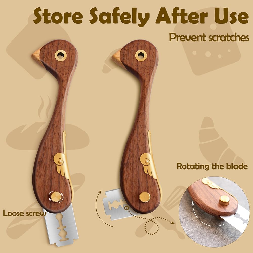 Bird Wooden Bread Lame, Handcrafted Dough Scoring Knife for Sourdough Slashing,Precision Scorer Tool with 10 Replacement Razor Blades