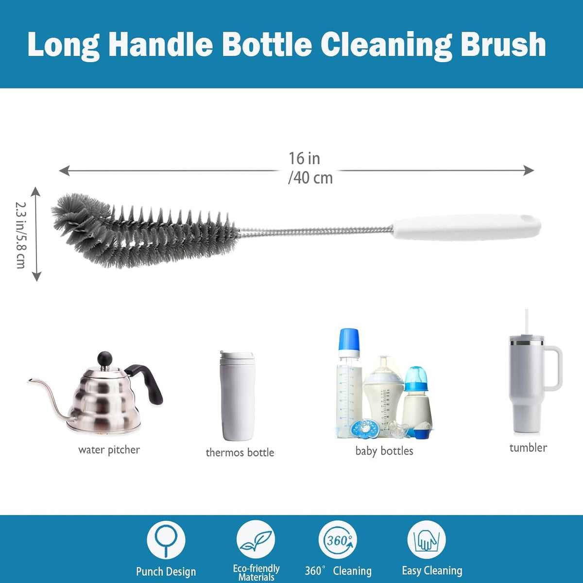 16 inches Long Handle Black Bottle Cleaning Brushes - Perfect for Baby Bottles, Sports Bottles, Glassware, Mugs, Jars, and Stemware (1-pc)