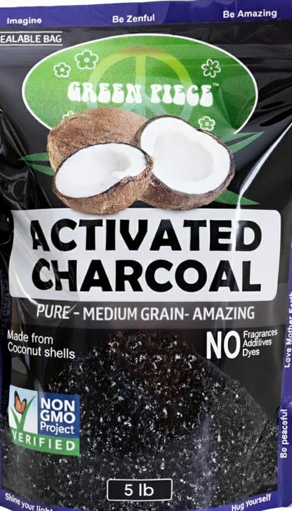 Green Piece® Activated Charcoal Coarse Grain – Resealable 5 lb Bag for Air Purifying, Odor Absorbing & Freshening – Made from Coconut Shell – Kid/Pet Friendly, Great for Aquarium, Water Filter, & More