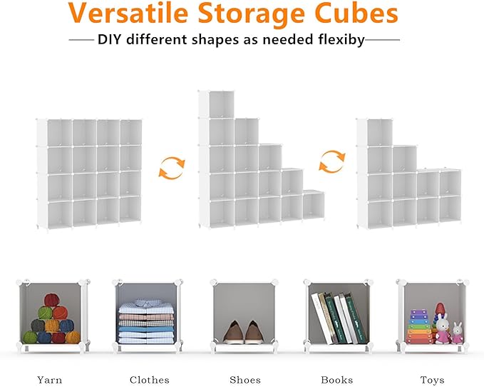 AWTATOS Cube Storage Organizer, 16 Cube Closet Organizer, Stackable Storage Cube Shelves, DIY Portable Closet Clothes Organizer Shelving for Bedroom, Closet, Wardrobe, Bathroom, White