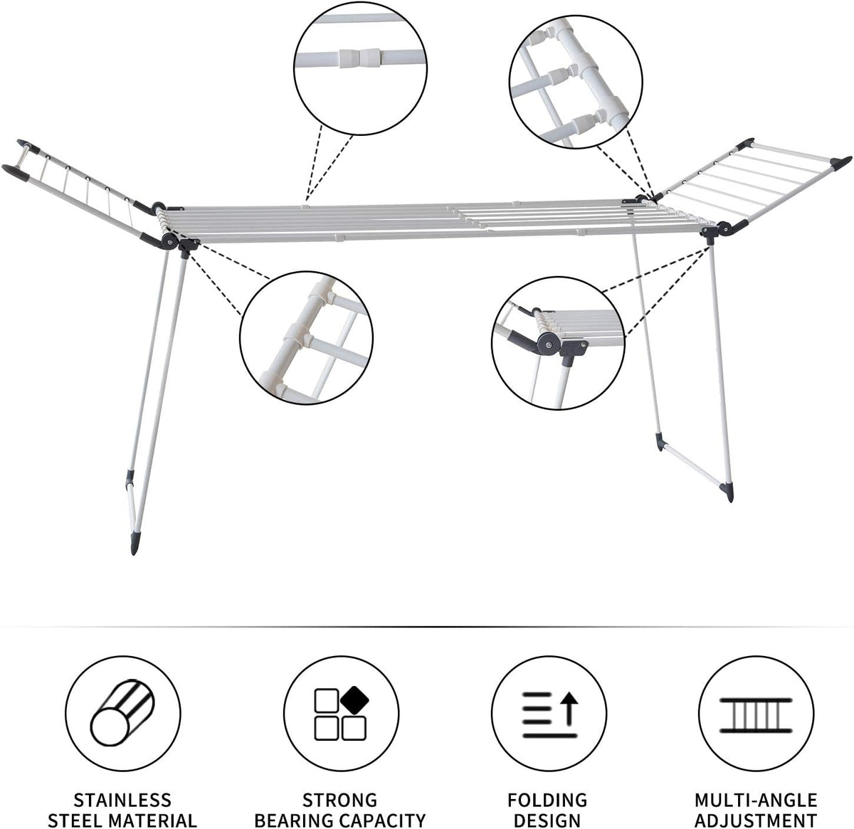 Clothes Drying Rack, Gullwing Laundry Rack Adjustable and Foldable for Easy Storage Indoor and Outdoor, White & Gray