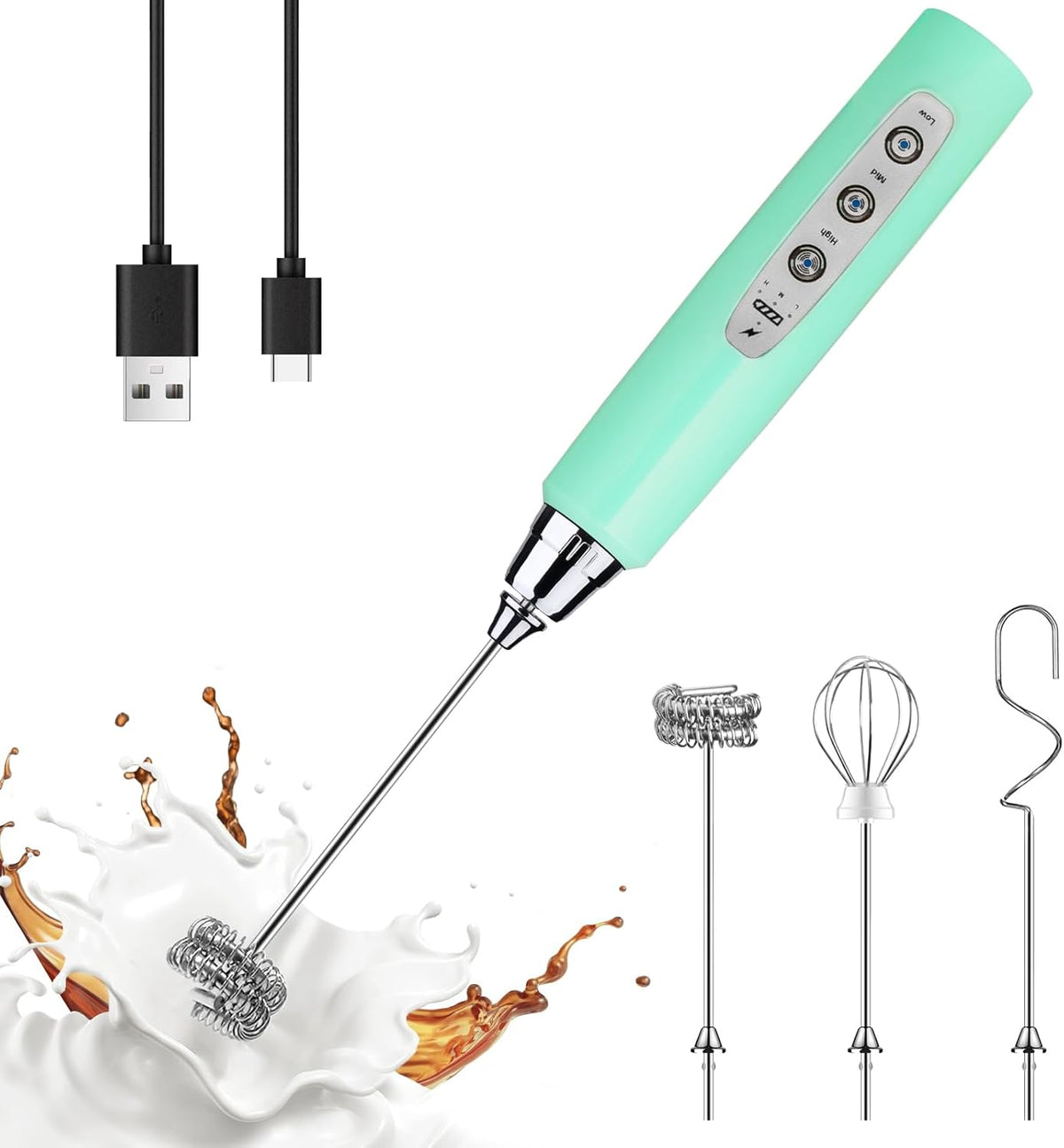 Yuswko Baby Blue Handheld Milk Frother Wand for Coffee, Rechargeable Electric Whisk with 3 Heads 3 Speeds Drink Mixer Coffee Frother For Latte