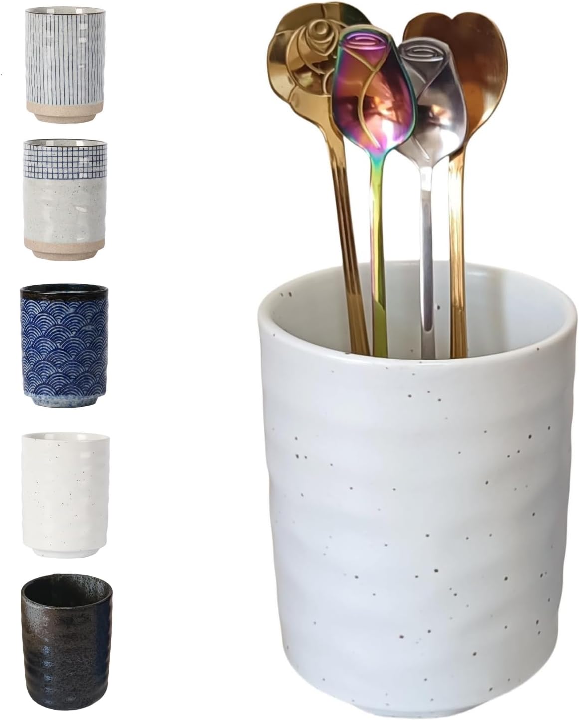 Stoneware Coffee Bar Utensil Holder Tea & Coffee Spoon & Stirrer Holder for Stir Stick Straw Teaspoon Holder Spoon Cup Small Utensil Jar (White)