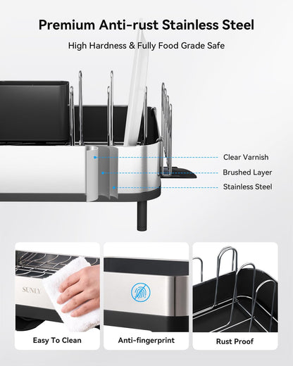 SUNLY Expandable Dish Drying Rack, Versatile Brackets for Pots & Pans, Space Saving Kitchen Drying Rack, Dish Racks for Kitchen Counter, Stainless Steel Dish Drainers with Extendable Spout, Black