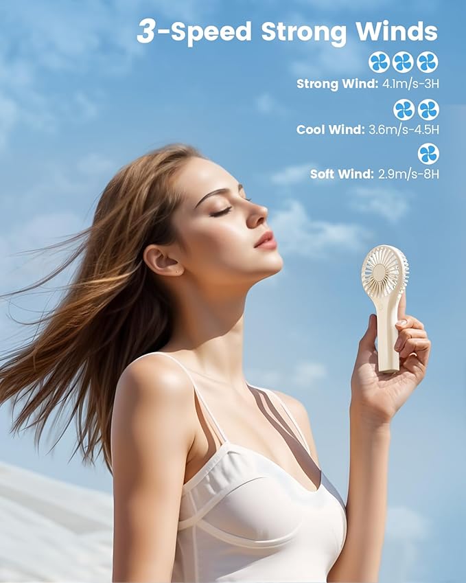 Edvision Portable Mini Fan - Powerful Personal Handheld Fan with 3 Speeds, Cute and Small, USB Rechargeable for Travel/Lash/Makeup/Outdoor/Home, Beige