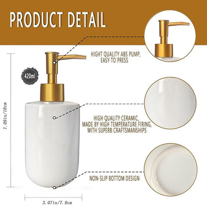 White Liquid Soap Dispenser with Golden Pump for Bathroom,Kitchen Refillable Dispenser,Countertop Lotion Ceramics Hand Dispenser 420ml (Cylindrical White Bottle)