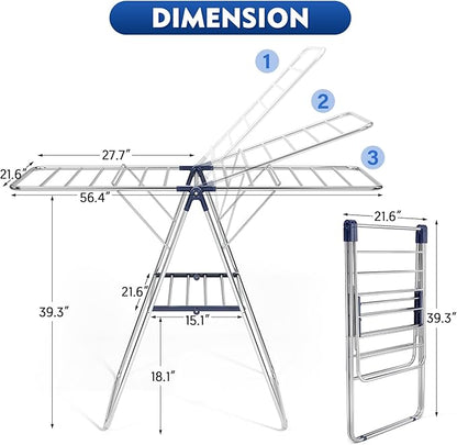 APEXCHASER Clothes Drying Rack, Stainless Steel Drying Rack Clothing with Height-Adjustable, Foldable Gullwings Laundry Drying Rack, Indoor Outdoor Use, No Assembly