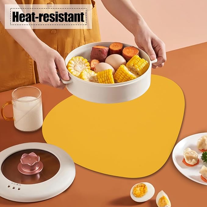 Faux Leather Placemats Set of 6 Waterproof,Round Reversible PU Placemat for Dining Table,Heat Resistant Wipeable Anti Slip Table Mats,Modern Table Protectors(Navy Blue and Yellow)