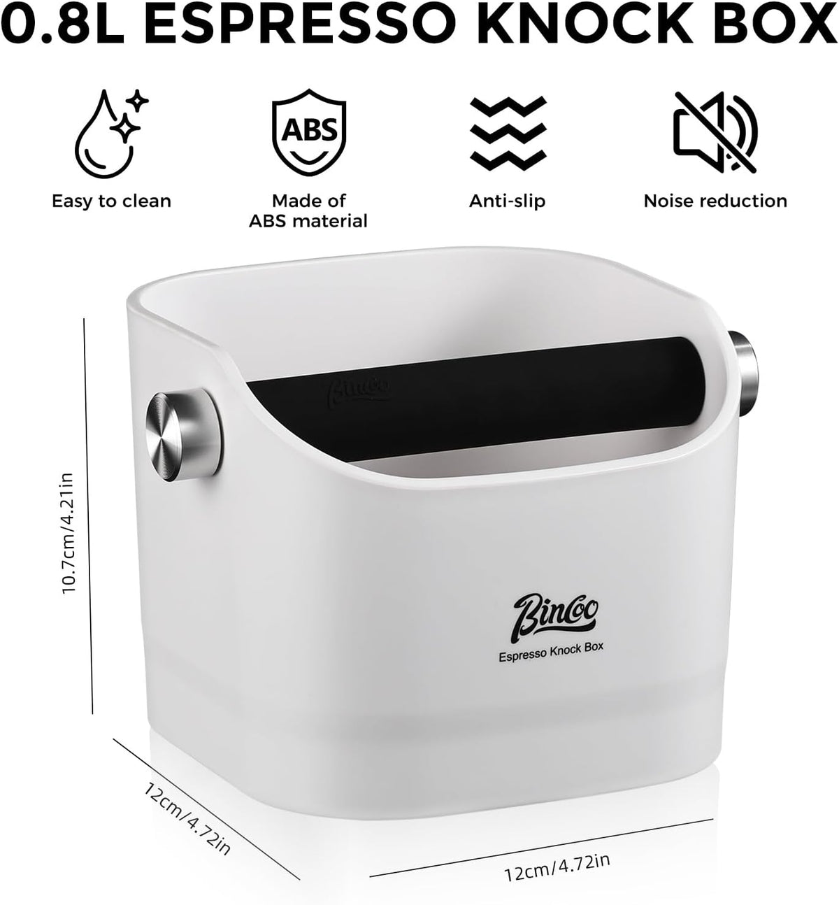 Bincoo Square Coffee Knock Box 0.8L – ABS Espresso Knock Bin with Non-Slip Base, Wide 4.6" Slanted Opening & Detachable Silicone Knock Bar for Easy Cleaning and Quiet Use(White(square))