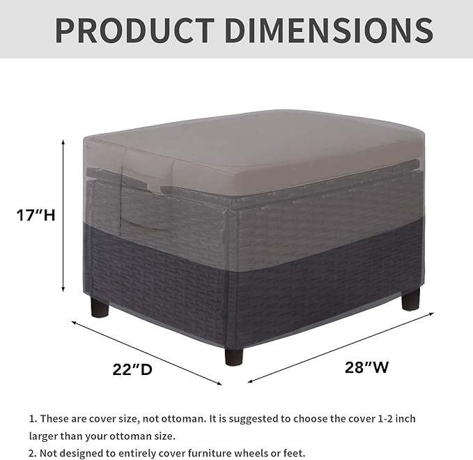 Easy-Going Outdoor Ottoman Cover, Waterproof Patio Ottoman Cover, Heavy Duty Outdoor Furniture Cover with Padded Handles (28"x22"x17", Gray/Dark Gray)