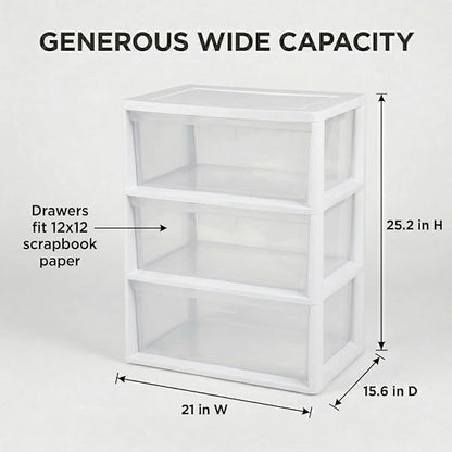 Wide 3 Drawer Plastic Storage Tower with Clear Removable Bins, 15.6" x 21" x 25.2" Organizer Unit with Drawer Stops and Easy-Pull Handles for Closet, Dorm, and Office Organization, White