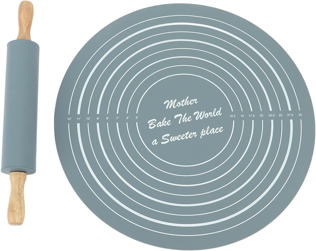 Large Silicone Rolling Pin Pastry Baking Mat Set for Kitchen (Grey)