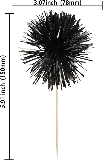 Ephlyn 30Pcs Foil Firework Cupcake Toppers Sparkle Tinsel Cupcake Picks Happy Birthday Cake Decorations Drink Stirrers Cocktail Food Fruit Toothpicks for Baby Shower Graduation Party Supplies Black