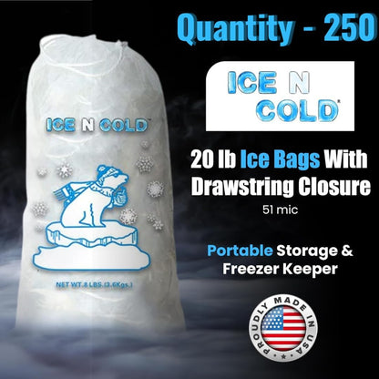 Ice Bags with Drawstring Closure | 20lb, 250ct/cs | 50 mic Thickness | Portable Storage and Freezer Keeper