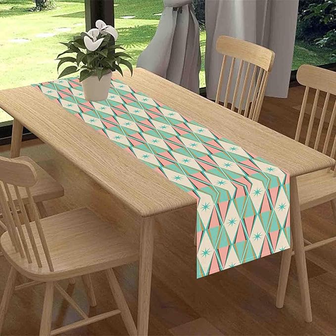 Geometric Table Runner, Retro Mid Century 1950s Modern Abstract Teal Pink Checkboard Coffee Table Center Decor for Home Kitchen Dining Patio Holiday Party Table Decorations, 13"x108" Inch