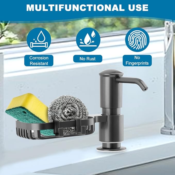 Soap Dispenser for Kitchen Sink, Built in Soap Dispenser Pump with Sponge Holder,Under Counter Brushed Nickel ABS Pump Head with 40" Extension Tube Kit(Dark Grey)
