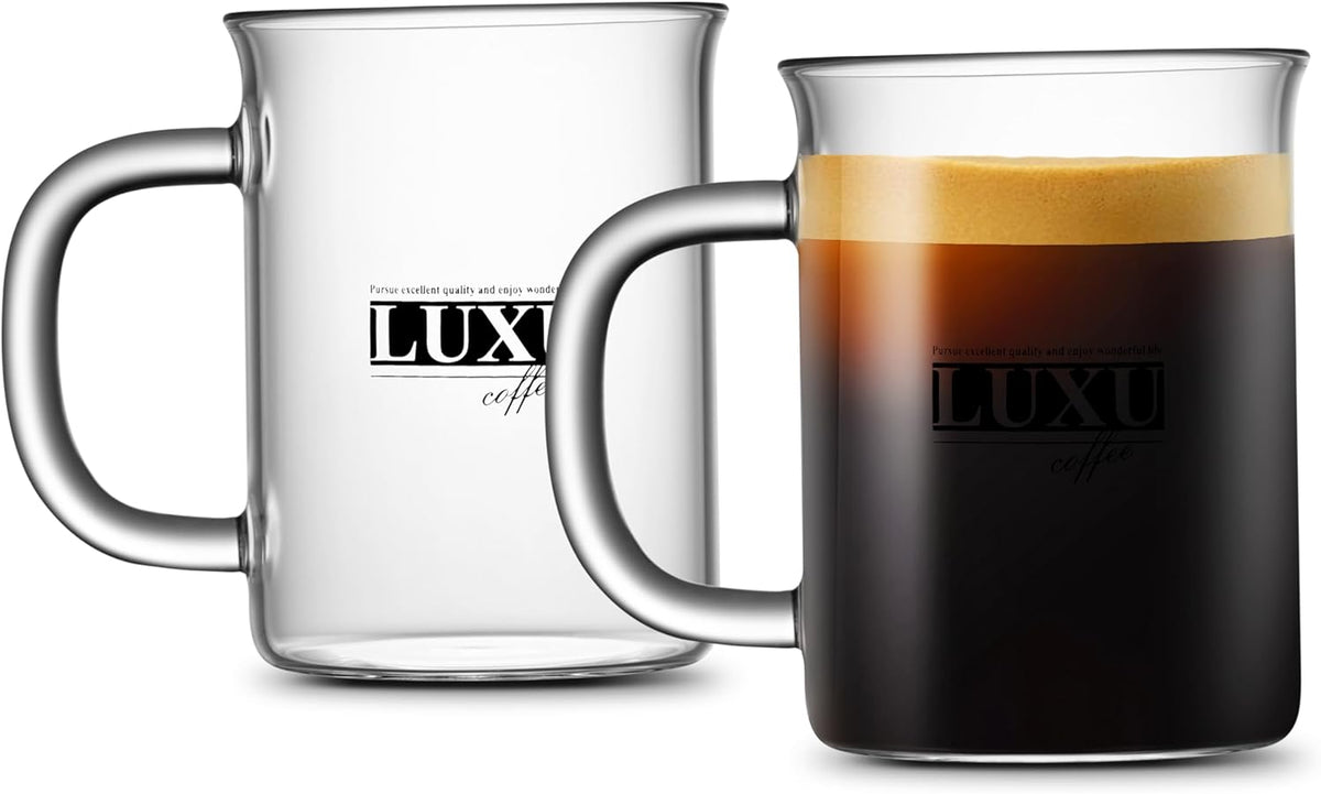 Luxu Borosilicate Glass Coffee Mugs (Set of 2)-15 oz,Clear Tea Cups,Lead-free Drinking Glasses with Handle,Perfect for Latte,Americano,Cappuccino