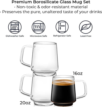 Aquach 20 Oz Glass Coffee Tea Cups, Clear Mugs with Handle, Microwave and Dishwasher safe Home Office Mug Perfect for Americano Latte Hot Beverages