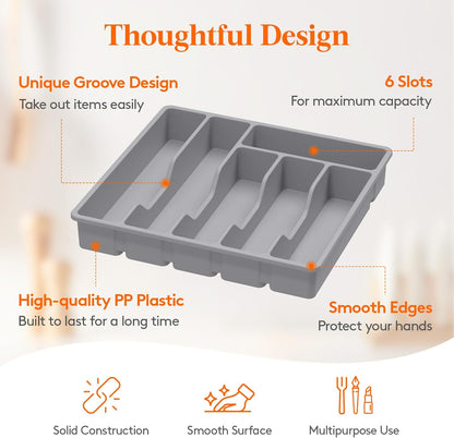 Lifewit Silverware Drawer Organizer Tray, Plastic Cutlery Storage for Kitchen Drawer, Flatware and Utensil Holder Divider for Spoons Forks Knives Tableware, 6 Compartment, Gray