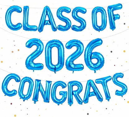 Blue Class of 2026 Congrats Balloons, 2026 Graduation Decorations 16inch Congrats Grad Foil Balloons Banner Sign for Class of 2026 College High School Graduation Prom Party Backdrop Supplies