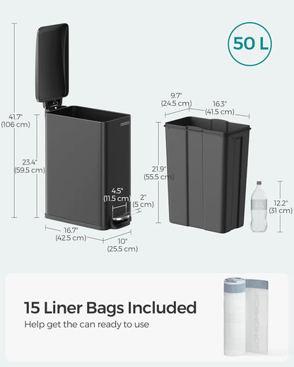 SONGMICS Slim Trash Can, 13-Gallon (50 L) Garbage Can for Narrow Spaces with Soft-Close Lid, Inner Bucket, and Step-on Pedal, Stainless Steel, 15 Trash Bags Included, Black ULTB510B48